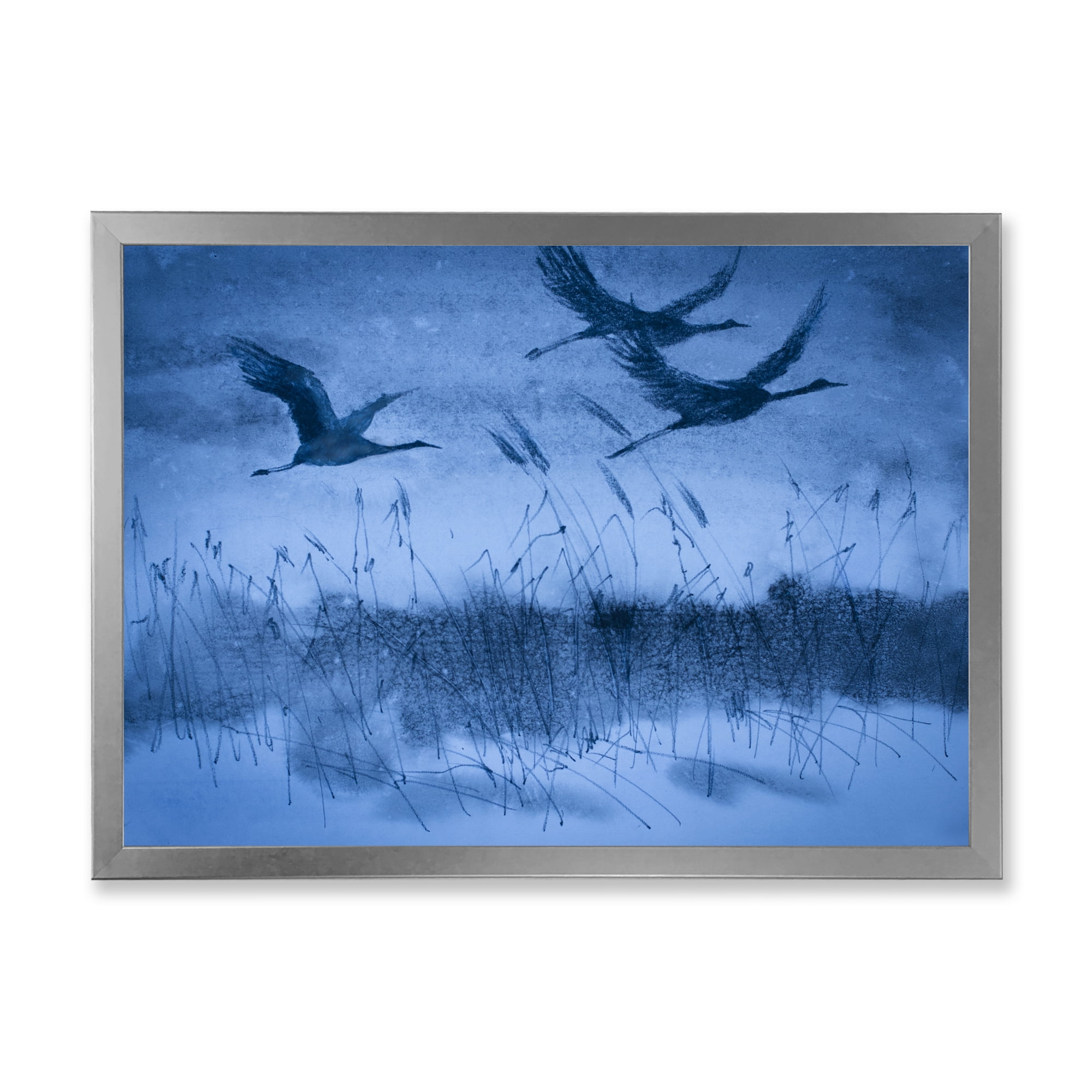 Cranes In Flight During Blue Evening Light 20 in x 12 in Framed Painting Canvas Art Print, by Designart