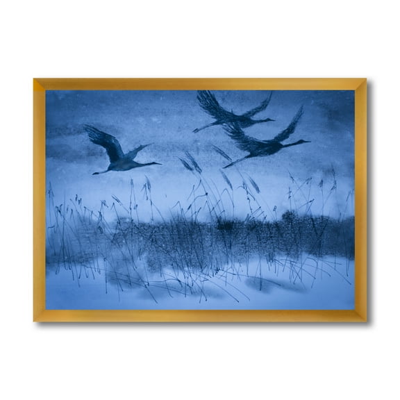 Cranes In Flight During Blue Evening Light 20 in x 12 in Framed Painting Canvas Art Print, by Designart