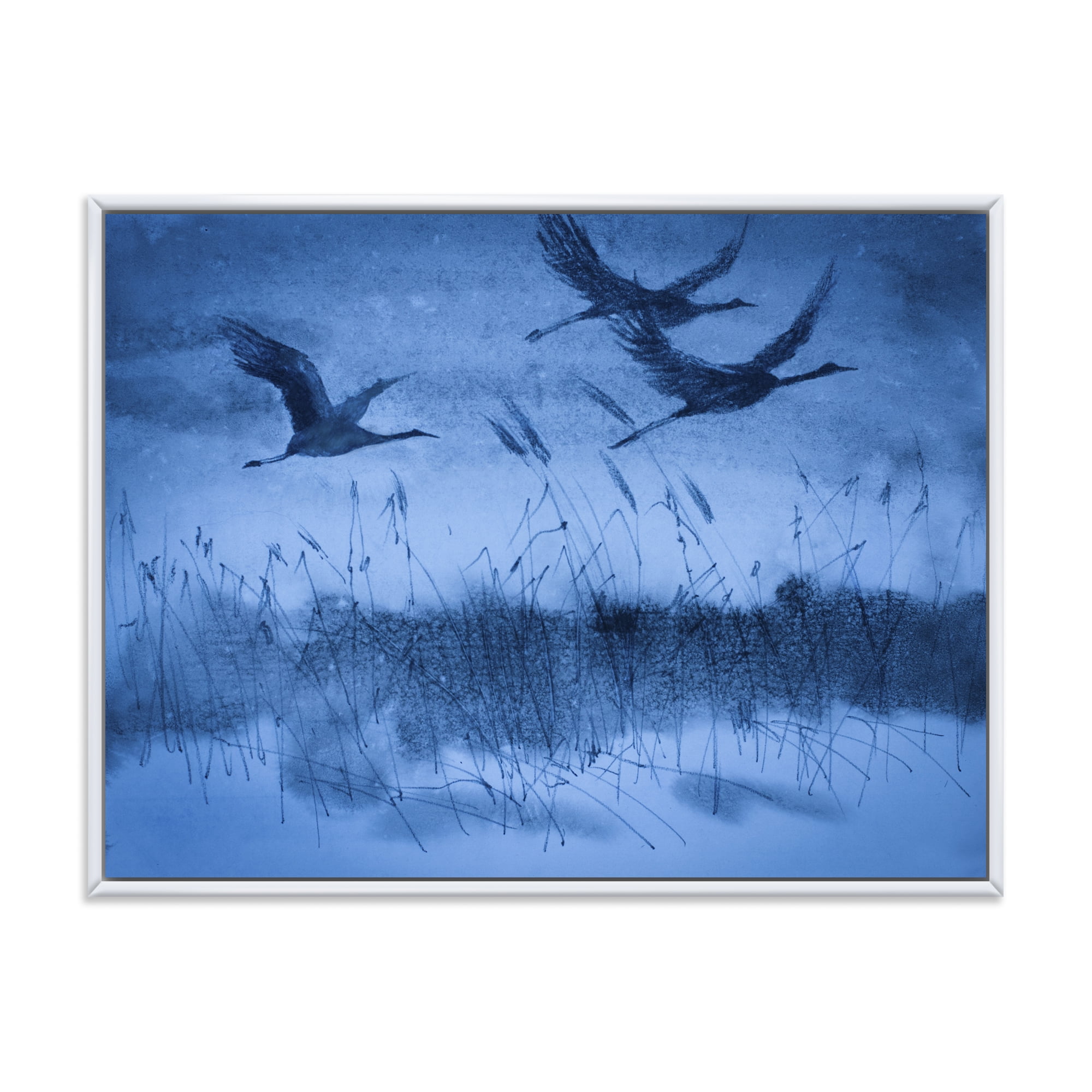 Cranes In Flight During Blue Evening Light 32 in x 16 in Framed Painting Canvas Art Print, by Designart