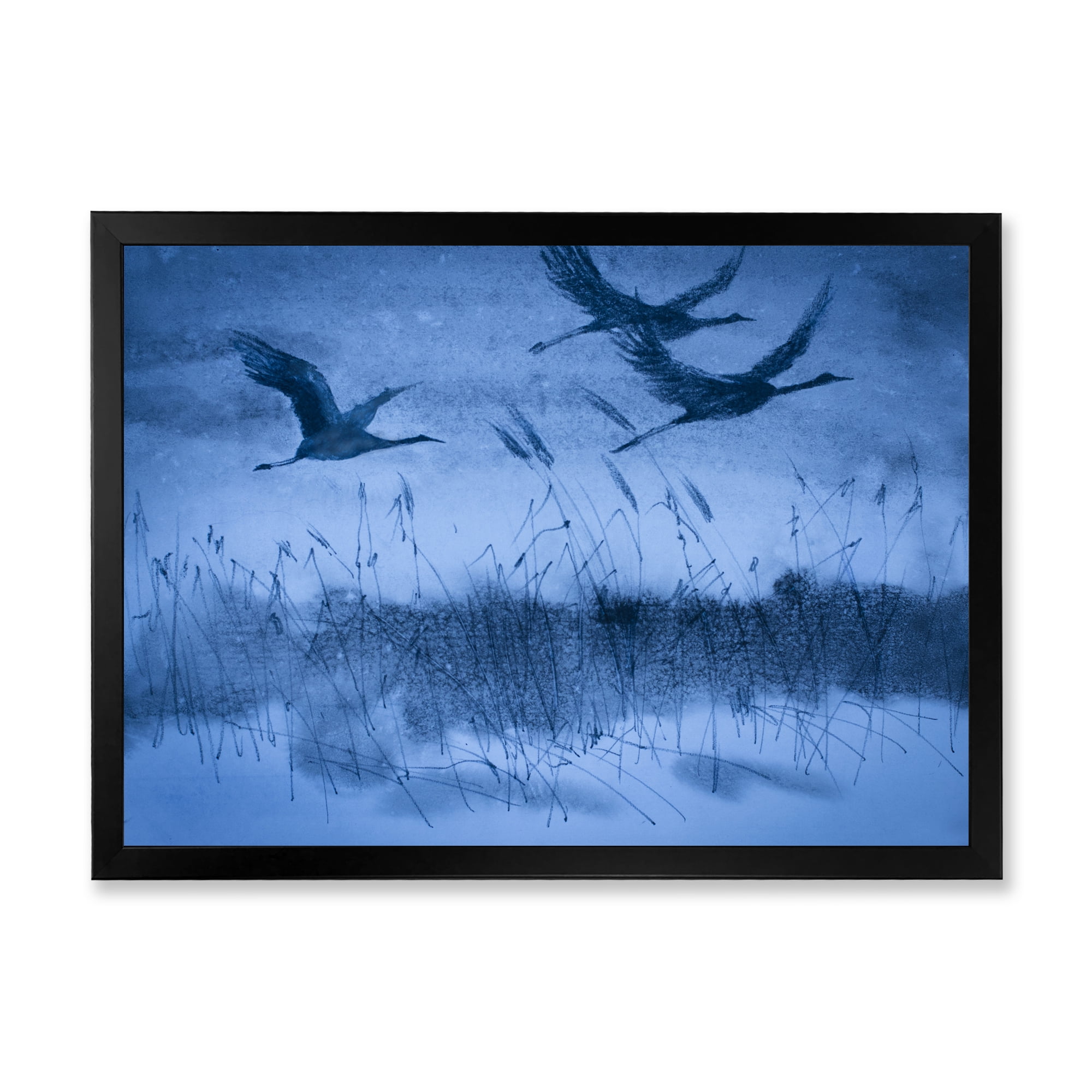 Cranes In Flight During Blue Evening Light 32 in x 16 in Framed Painting Canvas Art Print, by Designart