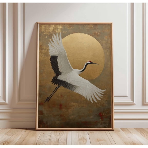 Cranes In Flight Japanese Bird Red Crowned Crane Gold Sun Wall Art Unframed Paper Print