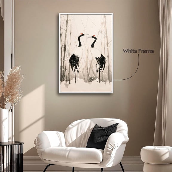 Cranes In Snowy Forest Wall Art Two Red-Crowned Crane Poster Minimalist Bird Wall Decor Japanese Poster Ready To Hang, Unframed Poster Size 8x12