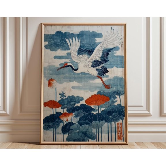 Cranes Lotus Pond Wall Art Print, Unframed Paper Poster 24x36in