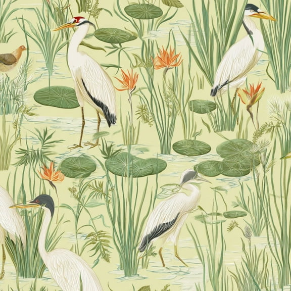 Cranes Peel and Stick Wallpaper 17.7in x 9.8ft Elegant Herons Water Lilies Serene Nature Contact Paper Vinyl Waterproof Self Adhesive Wall Paper for Bedroom Shelf Cabinet Renter Friendly