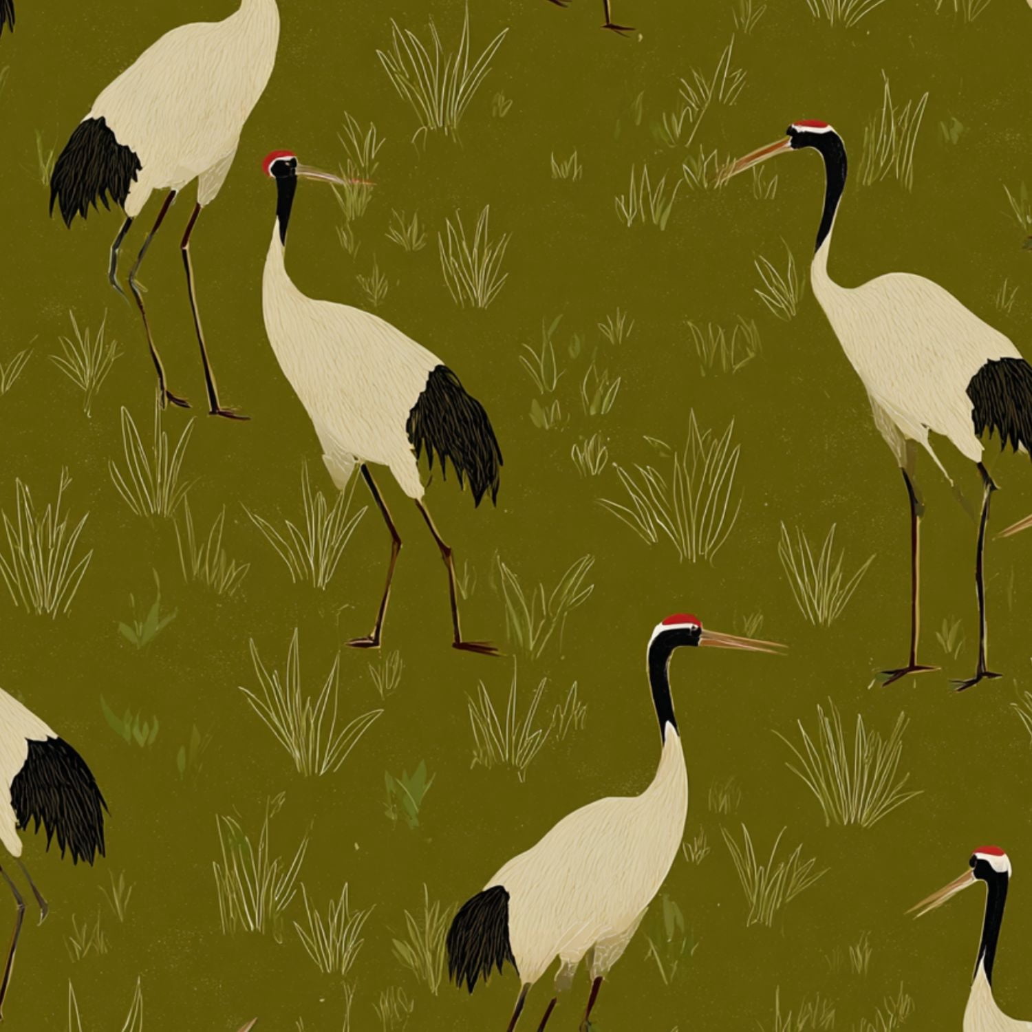 Cranes Peel and Stick Wallpaper 23.6in x 9.8ft Cranes Walking Across Green Grass Field Stylized Contact Paper Vinyl Waterproof Self Adhesive Wall Paper for Bedroom Shelf Cabinet Renter Friendly