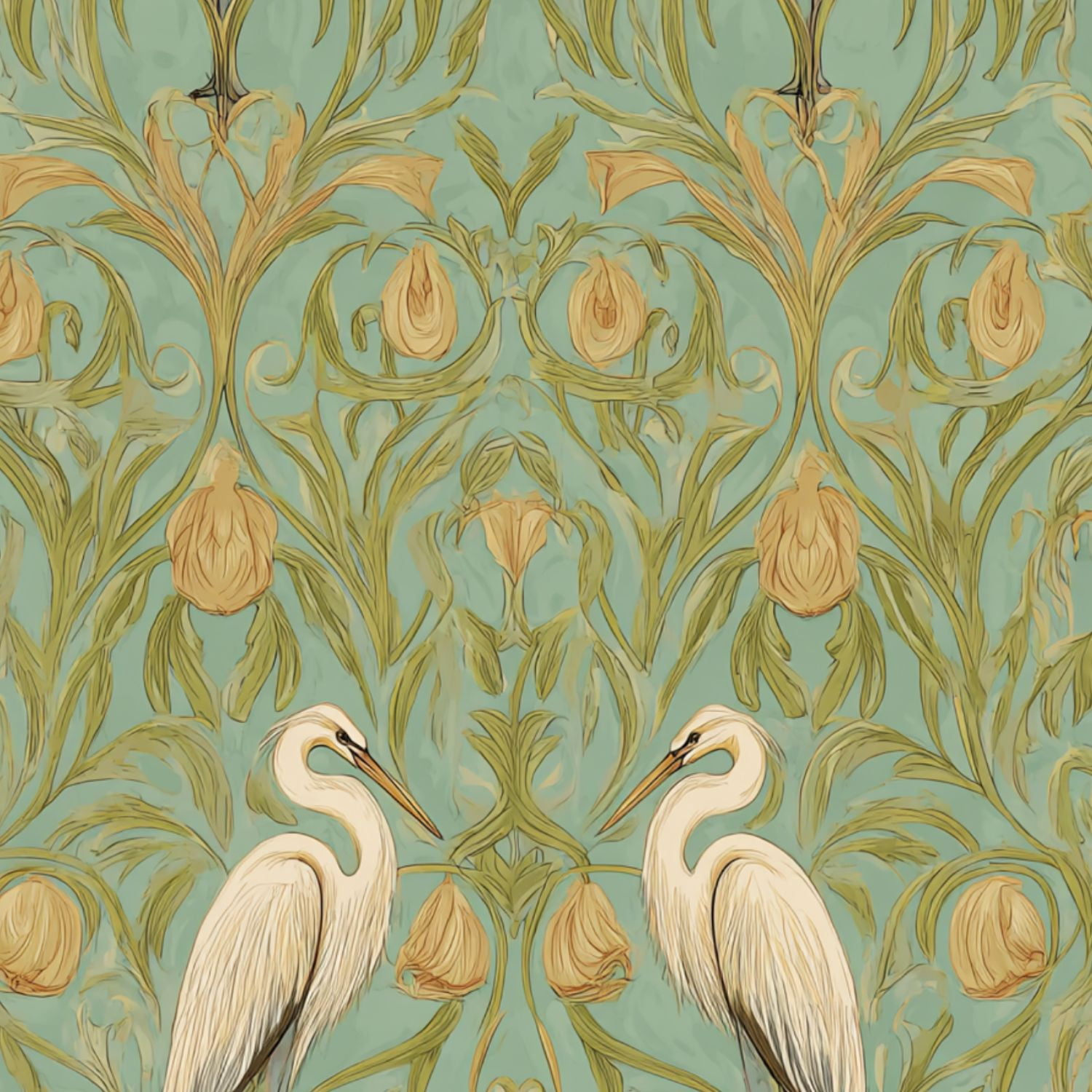 Cranes Peel and Stick Wallpaper 23.6in x 9.8ft Elegant Herons Golden Floral Teal Art Nouveau Style Contact Paper Vinyl Waterproof Self Adhesive Wall Paper for Bedroom Shelf Cabinet Renter Friendly