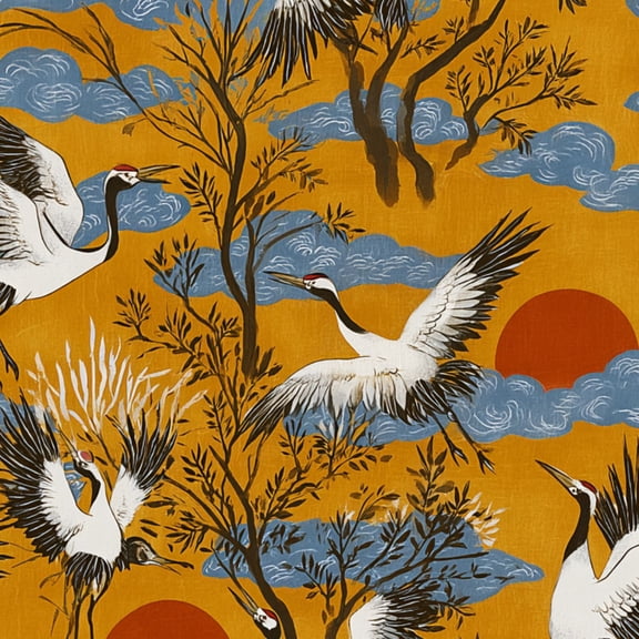 Cranes Peel and Stick Wallpaper 23.6in x 9.8ft Japanese Crane Red Sun Blue Clouds Golden Contact Paper Vinyl Waterproof Self Adhesive Wall Paper for Bedroom Shelf Cabinet Renter Friendly