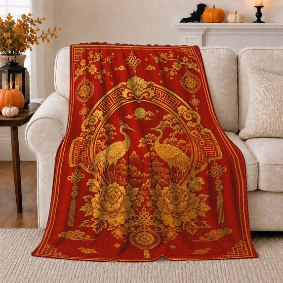 Cranes Peonies Golden Arch Lunar New Year, Peaceful Mountain Lake Scene, Warm Flannel Blanket for Cabin and Lodge, Outdoor Lovers Friendship Gift, Artistic Home Decor