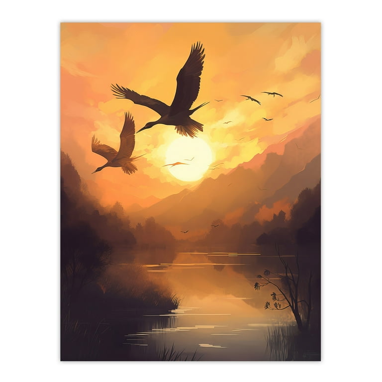 Cranes Soaring Against a Golden Sunset Sky Atmospheric Painting