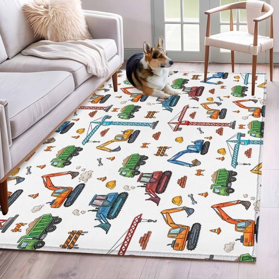 Cranes Struck Area Rugs 3x5 ft Blue Excavators Wrench Yellow Helmet Bricks Washable Rug Non Slip Indoor Carpet Absorbent Floor Mat for Living Room Bedroom Dining Room
