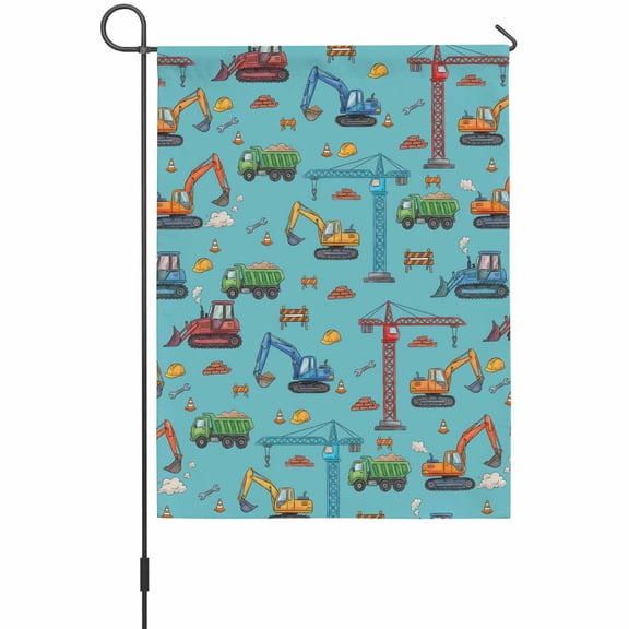 Cranes Struck Garden Flags For Outdoor, Excavators Wrench Yellow Helmet Brick Blue Small Double Side Yard Flags Weather Proof Garden Decor for Lawn Outside Holiday 12 x 18 Inches