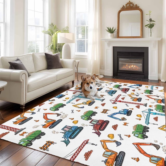Cranes Struck Large Area Rugs 6x9 ft Blue Excavators Wrench Yellow Helmet Bricks Washable Rug Non Slip Indoor Carpet Absorbent Floor Mat for Living Room Bedroom Dining Room
