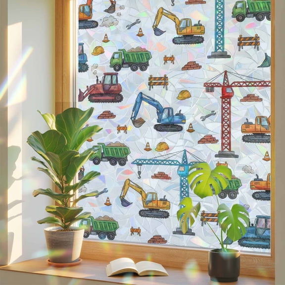 Cranes Struck Window Privacy Film, Blue Excavators Wrench Yellow Helmet Bricks Stained Glass Rainbow Film Decorative Window Clings, Static Cling Sun Blocking Stickers 23.6" x 59"