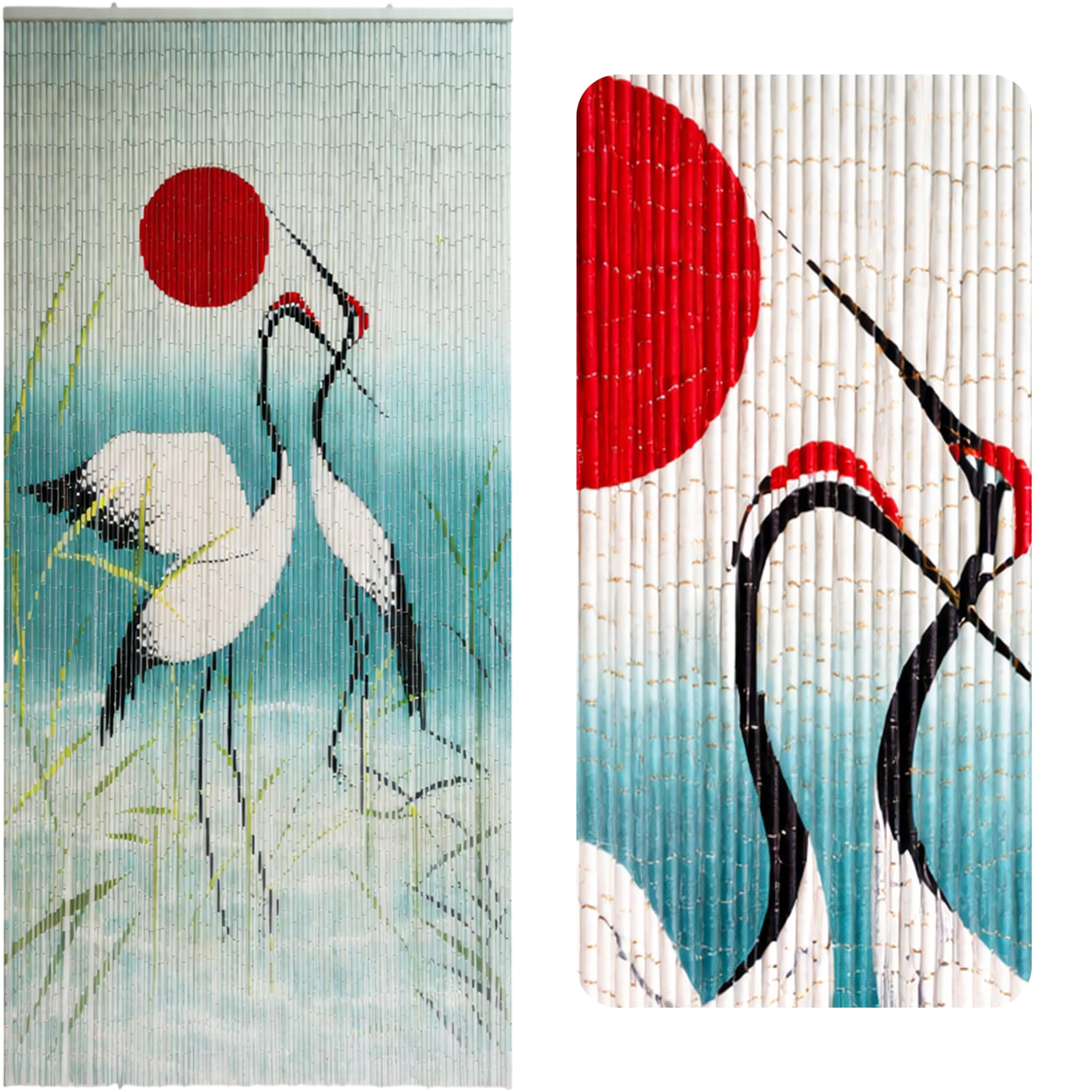 Cranes With Red Sun Curtain Beaded Room Divider and Hanging Blinds