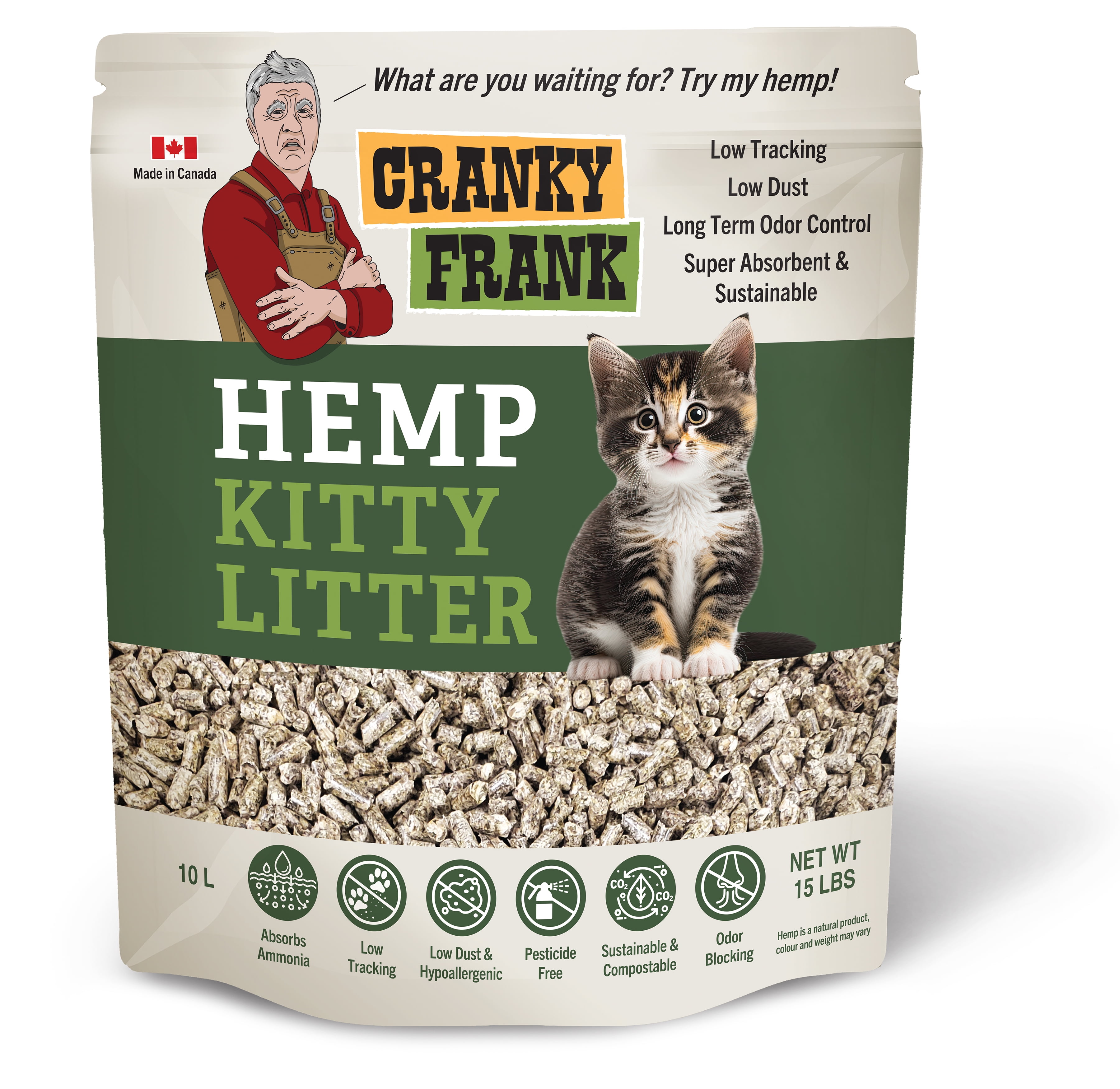 Cranky Frank Hemp Kitty Litter, Non-Clumping Cat Litter 15lb (10L)