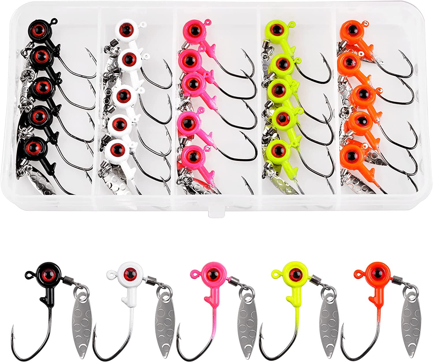 OROOTL Crappie Fishing Jig Heads Kit,25pcs Underspin Lures Jig Head with  Spin Blade Eye Ball Painted Jigs Hooks 
