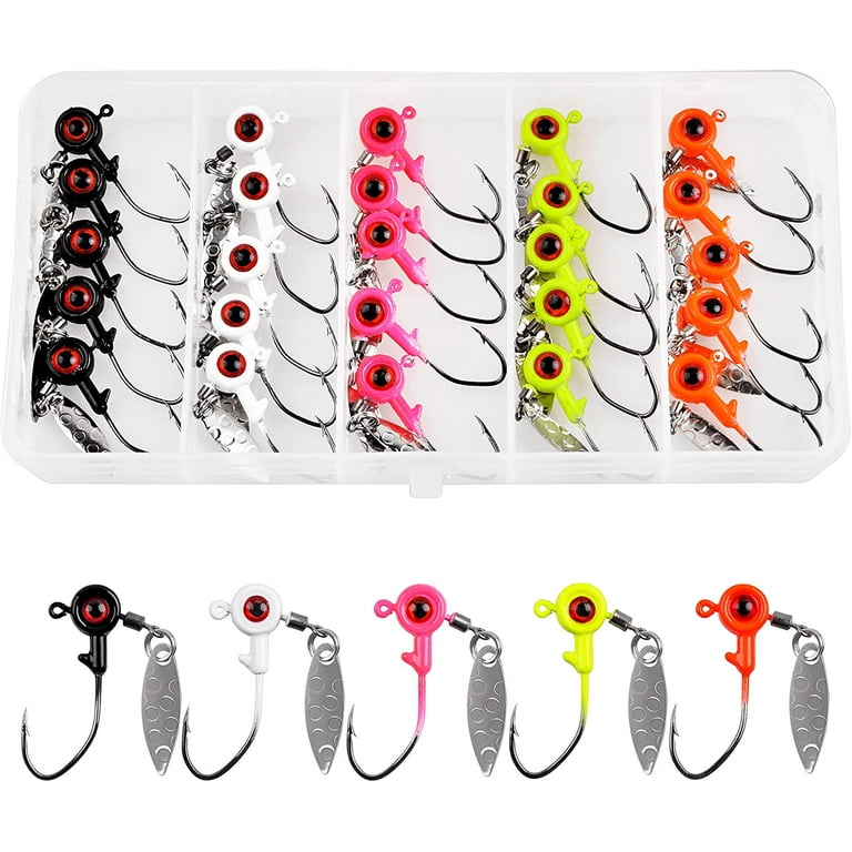 Crappie Fishing Jig Heads Kit,25pcs Underspin Lures Jig Head with Spin  Blade Eye Ball Painted Jigs Hooks 