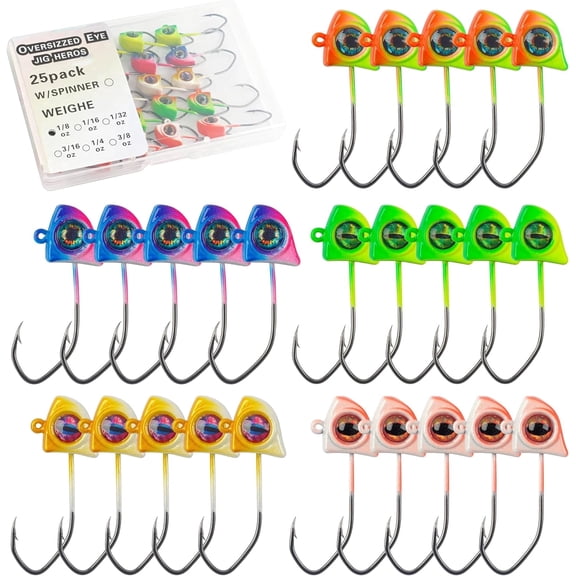 Crappie Jig Head Hooks, 25pack Realistic Fish Head 3D Eye Swimbait Jig Heads Painted 1/8oz
