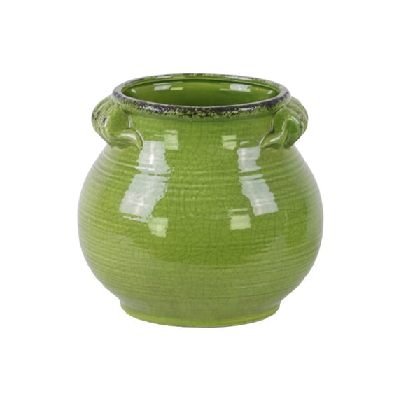 Benzara Craquelure Large Tall Bellied Tuscan Pot with Handles-Color:Green
