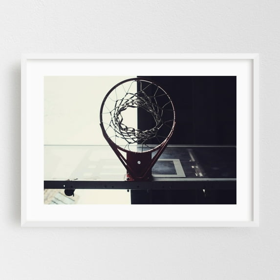 Crash the Boards - Manhattan New York Photography Basketball Sports Minimalist Industrial Silhouette Architecture White Framed Wall Art Print 20 x 30 inches