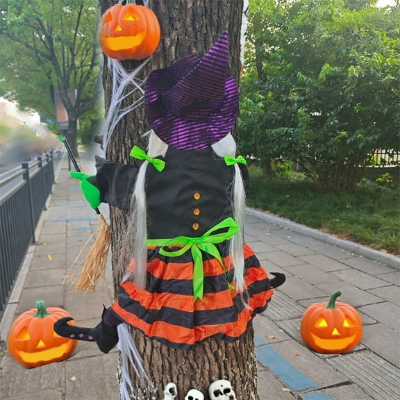 Crashed Witch Into Tree Funny Cute Flying Witch with Broom, Halloween Decoration Outdoor Witch Decor, for Door Porch Pole Garden Ornaments Yard Tree