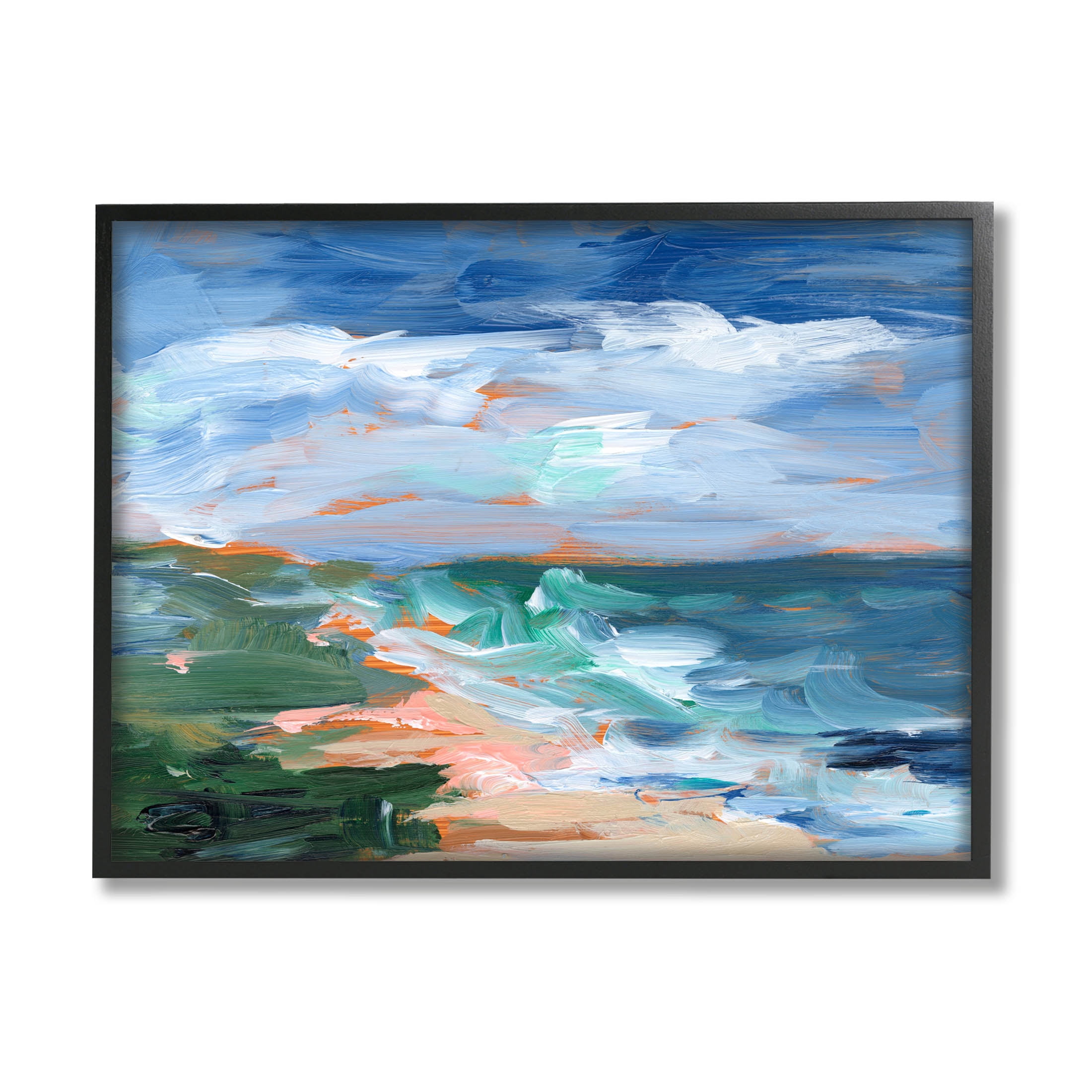 Crashing Beach Waves Abstract Scene Landscape Painting Black Framed Art Print Wall Art