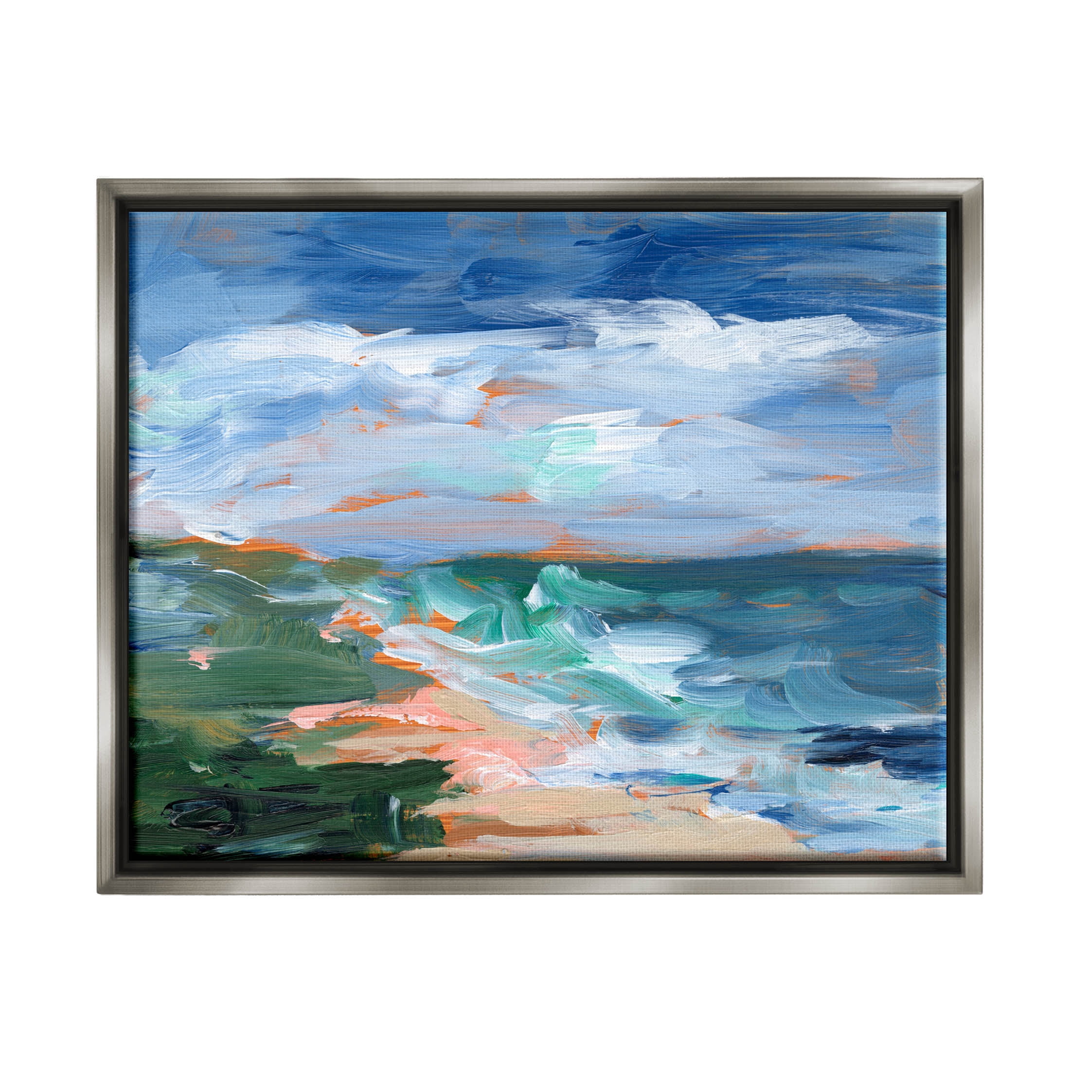 Crashing Beach Waves Abstract Scene Landscape Painting Luster Gray Framed Art Print Wall Art
