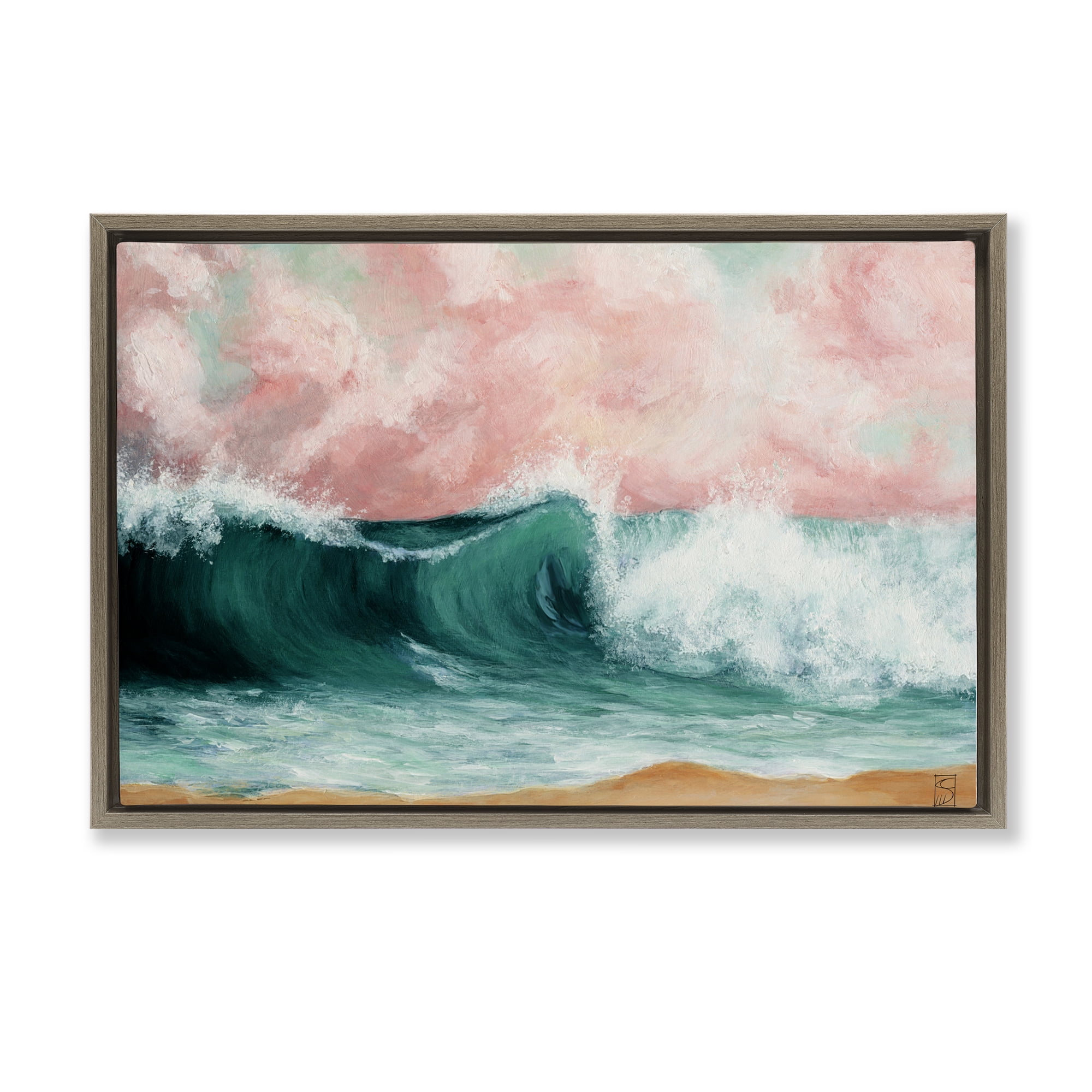 Crashing Seascape Waves Brown Framed Floater Canvas Wall Art, design by Sara Culpepper