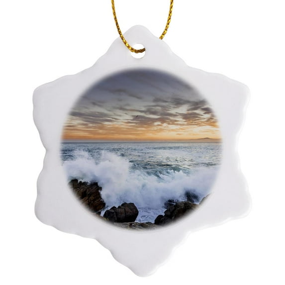 3drose, Crashing Waves, Lovers Point in Pacific Grove, Monterey Peninsula, Ca, 3 inch Snowflake Porcelain Ornament