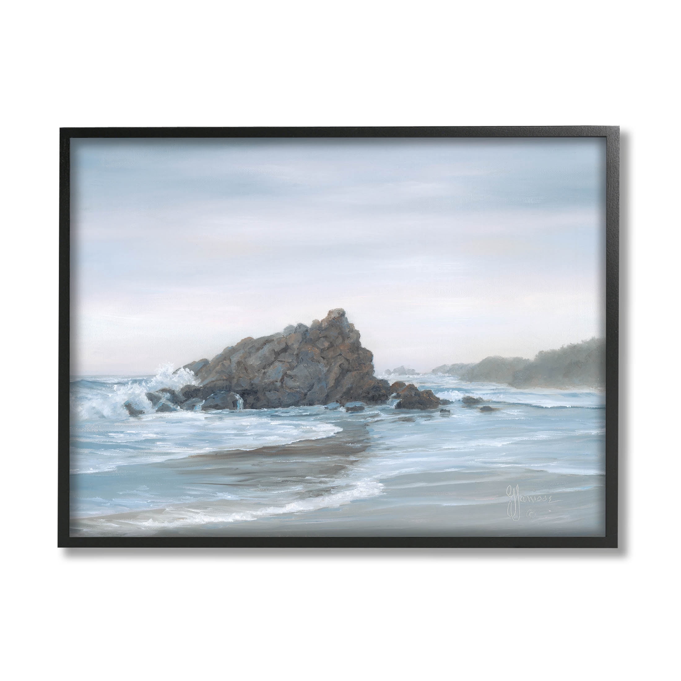 Crashing Waves Rocky Beach Coastal Painting Black Framed Art Print Wall Art