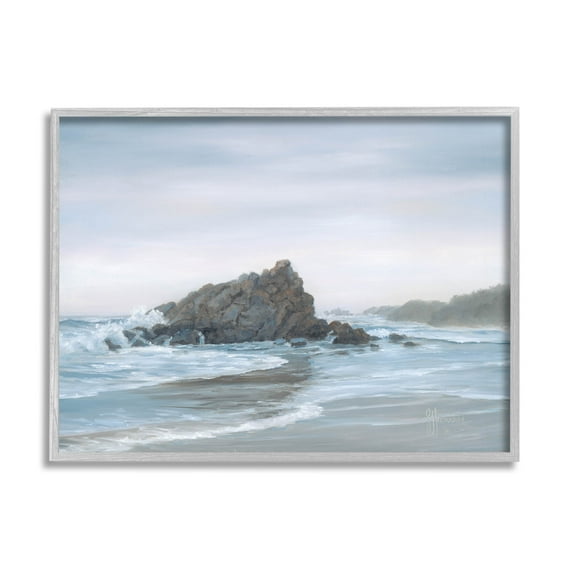 Crashing Waves Rocky Beach Coastal Painting Gray Framed Art Print Wall Art