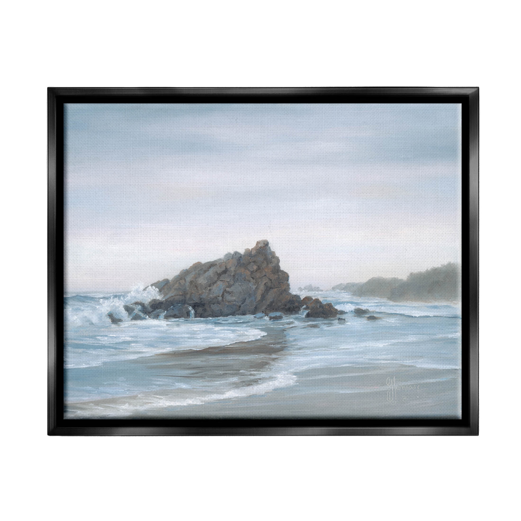 Crashing Waves Rocky Beach Coastal Painting Jet Black Framed Art Print Wall Art