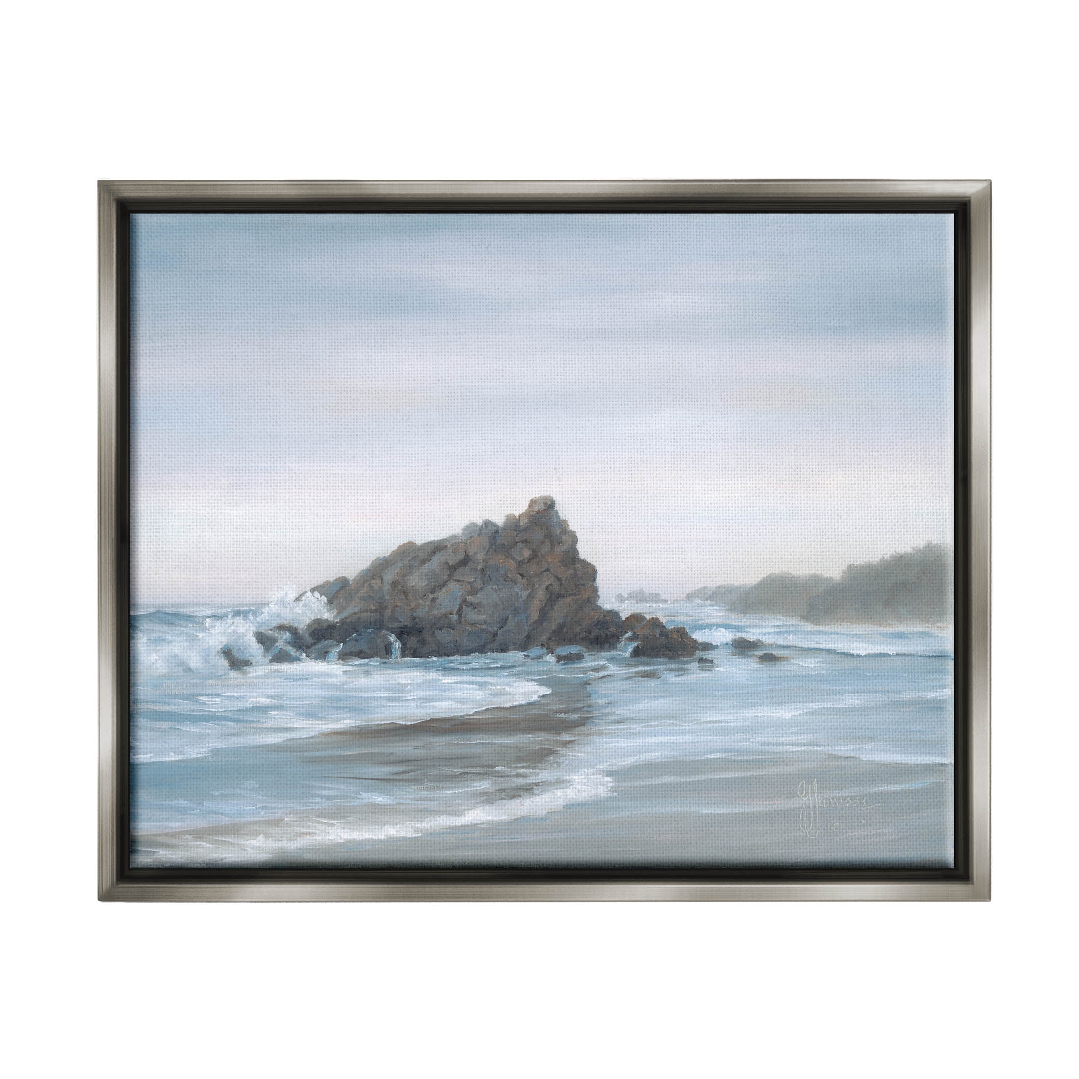 Crashing Waves Rocky Beach Coastal Painting Luster Gray Framed Art Print Wall Art