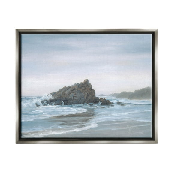 Crashing Waves Rocky Beach Coastal Painting Luster Gray Framed Art Print Wall Art