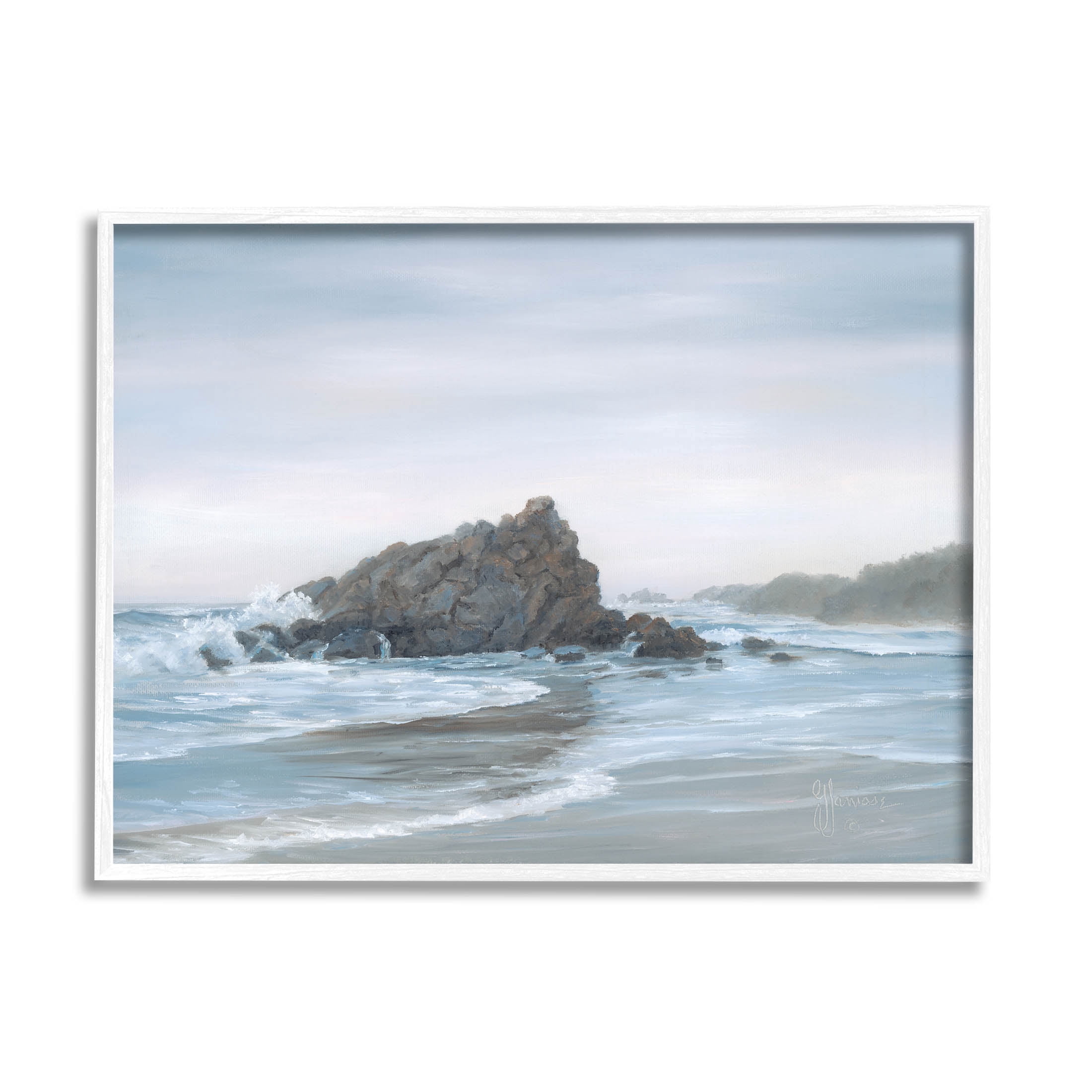 Crashing Waves Rocky Beach Coastal Painting White Framed Art Print Wall Art