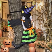 Crashing Witch Into Tree with Broom 37" Climbing Witch Halloween Hanging Decoration, Flying Witch Outside or House Prop Decor Tree Yard Patio Porch Garden for Kids Home Party Decoration(Black+ Green)