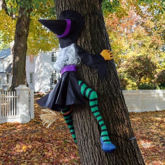 Crashing Witch into Tree Large Halloween Decorations Outside, 63" Flying Witch Crashing Halloween Decor, Hanging Witch Decor Outdoor Ornaments for Front Porch, Door, Yard, Tree, Fence