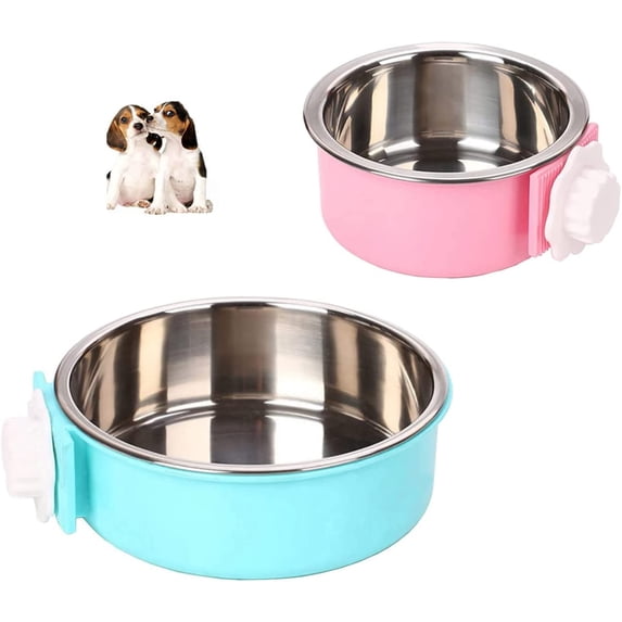 Crate Dog Bowl,Removable Stainless Steel Water Food Feeder Bowls Crate Coop Cup,Pet Cage Bowls with Bolt Holder for Cat, Puppy, Birds, Rats, Rabbits Small Animals ((Blue+Pink) Round, Samll)