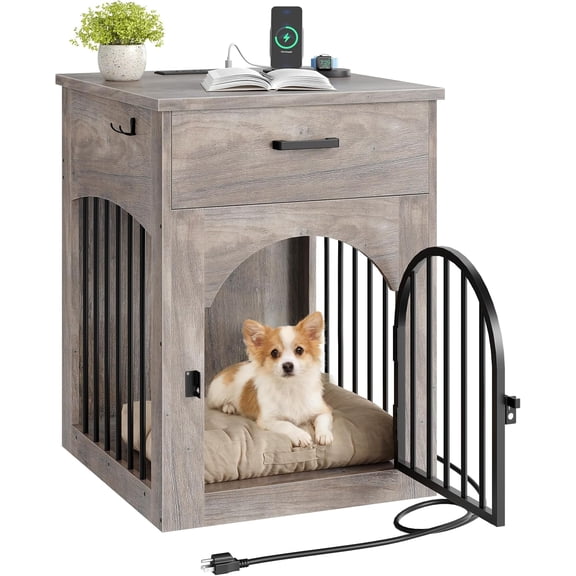 Crate Furniture, Wooden House with Station and Storage Drawer, Indoor Pet Crate End Table for Small Breeds, for Living Room, Bedroom, Greige MGW01UFH