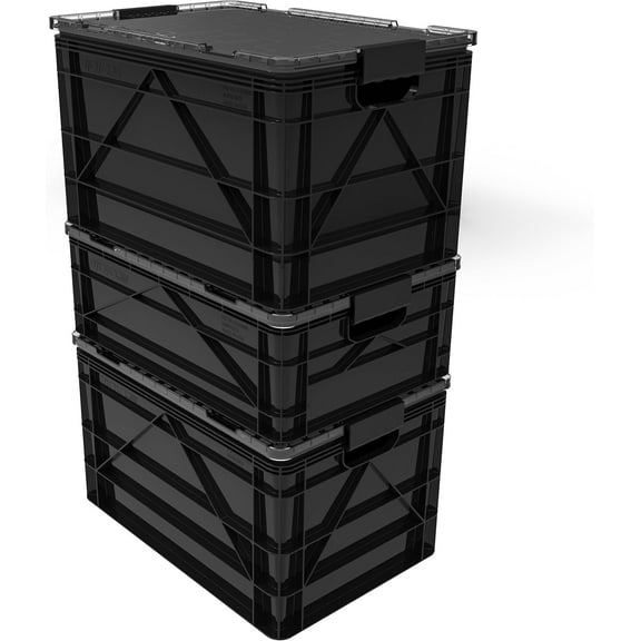 Crate Pro Pack - 2 Full-Size & 1 Half-Size Heavy Duty Stackable Storage Bins, Totes and Containers with Lids and Dividers - Durable Plastic Organizer for Home, Office, Garage, and Outdoor Use