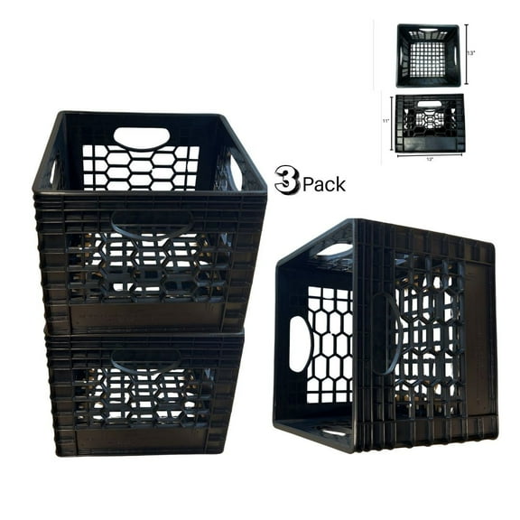 CrateMate Heavy Duty Black Milk Crates for Storage, Organization, & More - Versatile & Durable,Stackable 16 Qt 13" x 13" x 11" 3PK