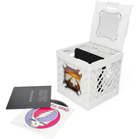 CrateVinyl - Vinyl Record Storage Crate Modular Storage Cube for  Albums with Divider and 2 Clear Panels (White crate - Clear panels)