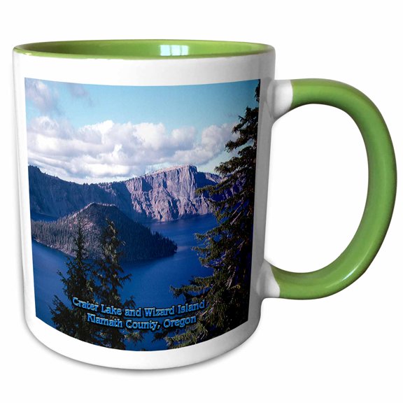 3drose, Crater Lake and Wizard Island in Summer, Klamath County, Oregon, 11oz Two-tone Green Mug