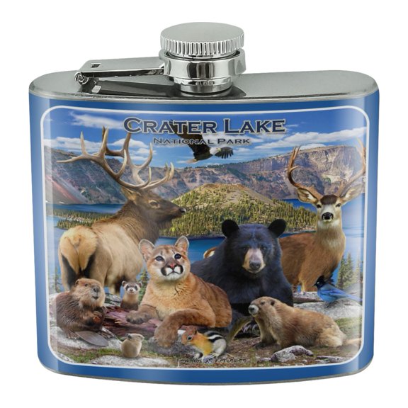 Crater Lake National Park Oregon Animals Elk Deer Beaver Cougar Stainless Steel 5oz Hip Drink Kidney Flask