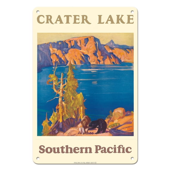 Crater Lake Oregon - Southern Pacific Railroad - Vintage Railroad Travel Poster by Maurice Logan c.1920s - 8 x 12 inch Vintage Metal Tin Sign