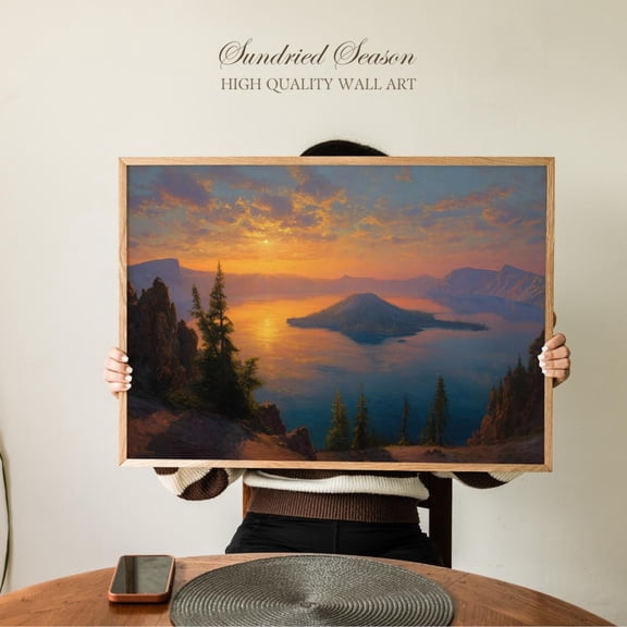 Crater Lake Oregon Sunset Art Print, Wizard Island And Mountain Lake View, National Park Wall Decor For Living Room, Cabin Or Adventure Home, Unframed Poster Size 8x12