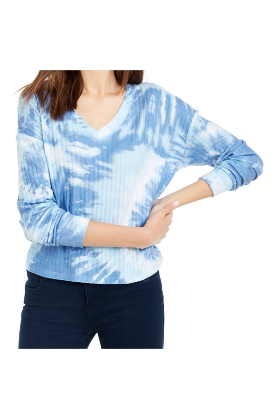 Junior's Cozy Ribbed Tie Dyed Top Blue Size Large
