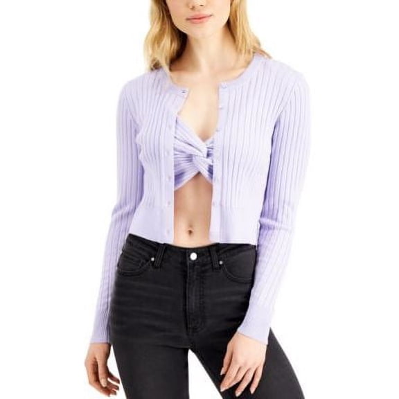 Crave Fame Juniors Bandeau & Ribbed Crop Cardigan Sweater Set Purple M, $49 NWT