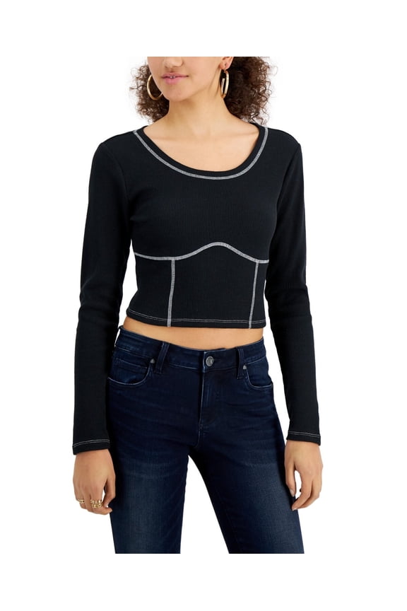 Fame Juniors Corset-Seamed Top, Black, Size Large