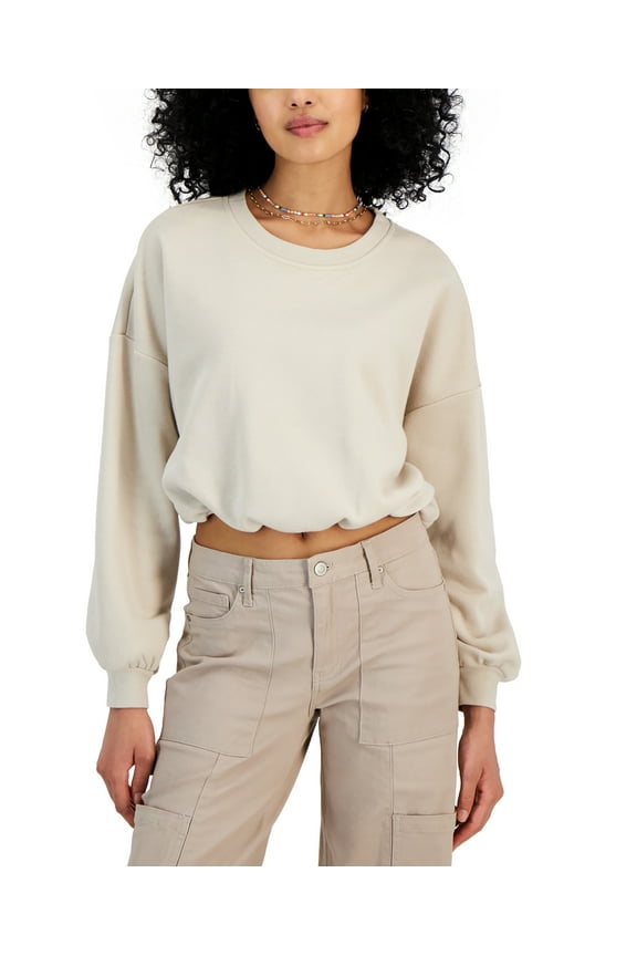 Juniors' Crewneck Bubble-Hem Fleece Sweatshirt Stone M